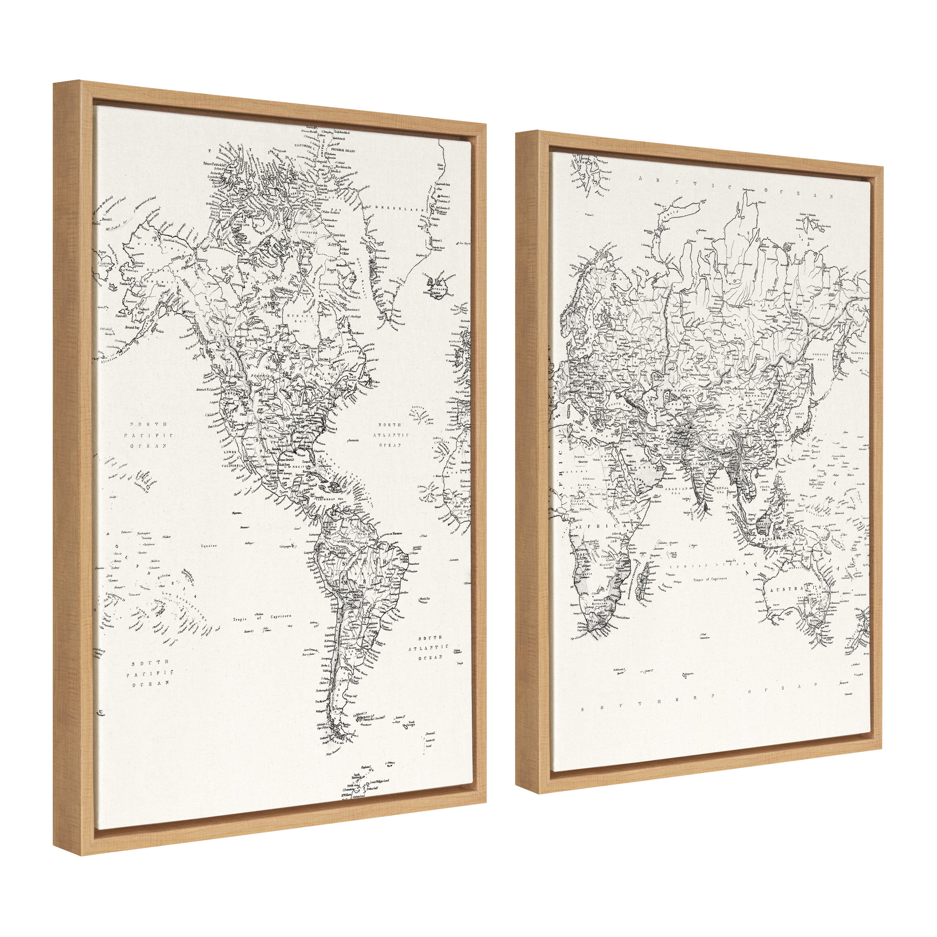 Sylvie Vintage Black and White World Map Framed Canvas Set by The Creative Bunch Studio