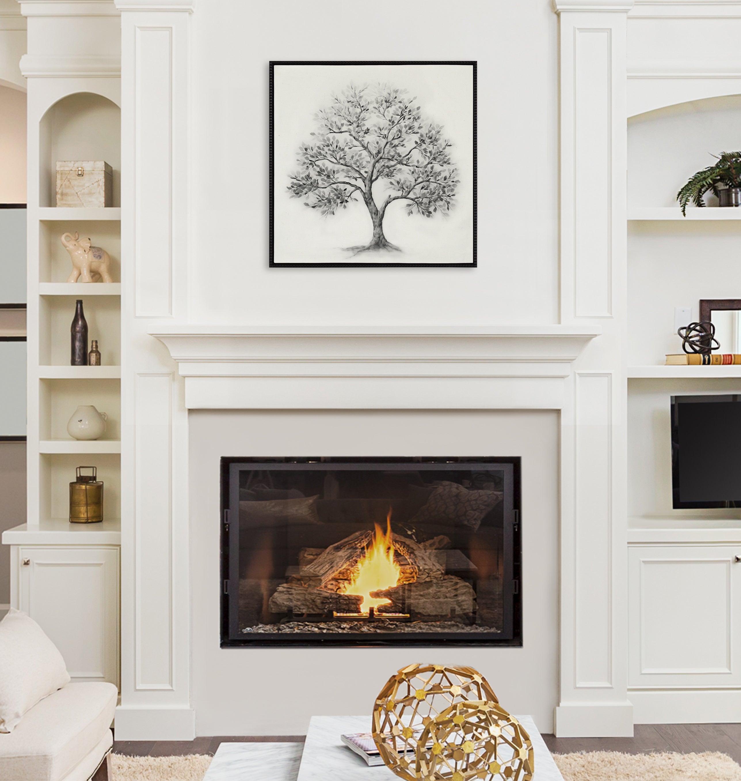 Sylvie Traditional Tree Linen Textured Framed Canvas by The Creative Bunch Studio