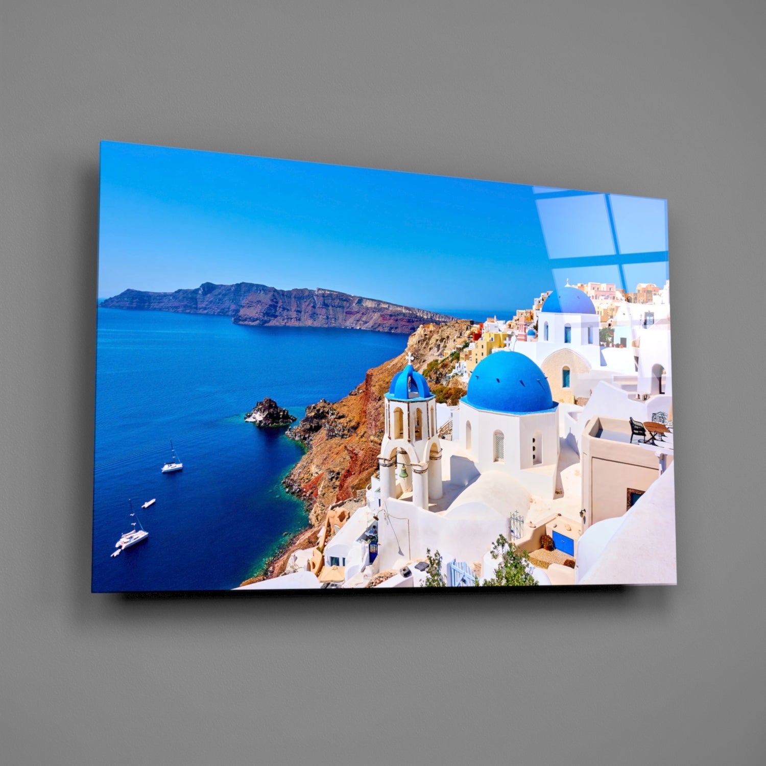 Blue Dome Church Caldera Santorini Glass Wall Art