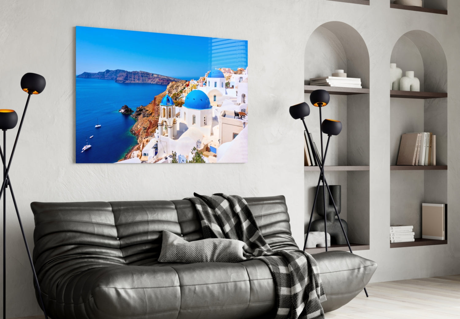 Blue Dome Church Caldera Santorini Glass Wall Art