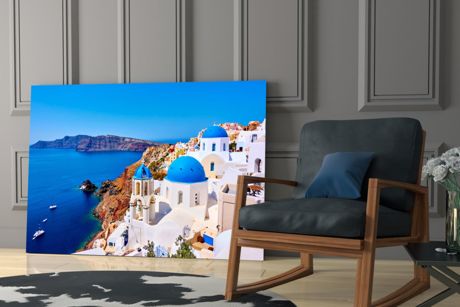Blue Dome Church Caldera Santorini Glass Wall Art