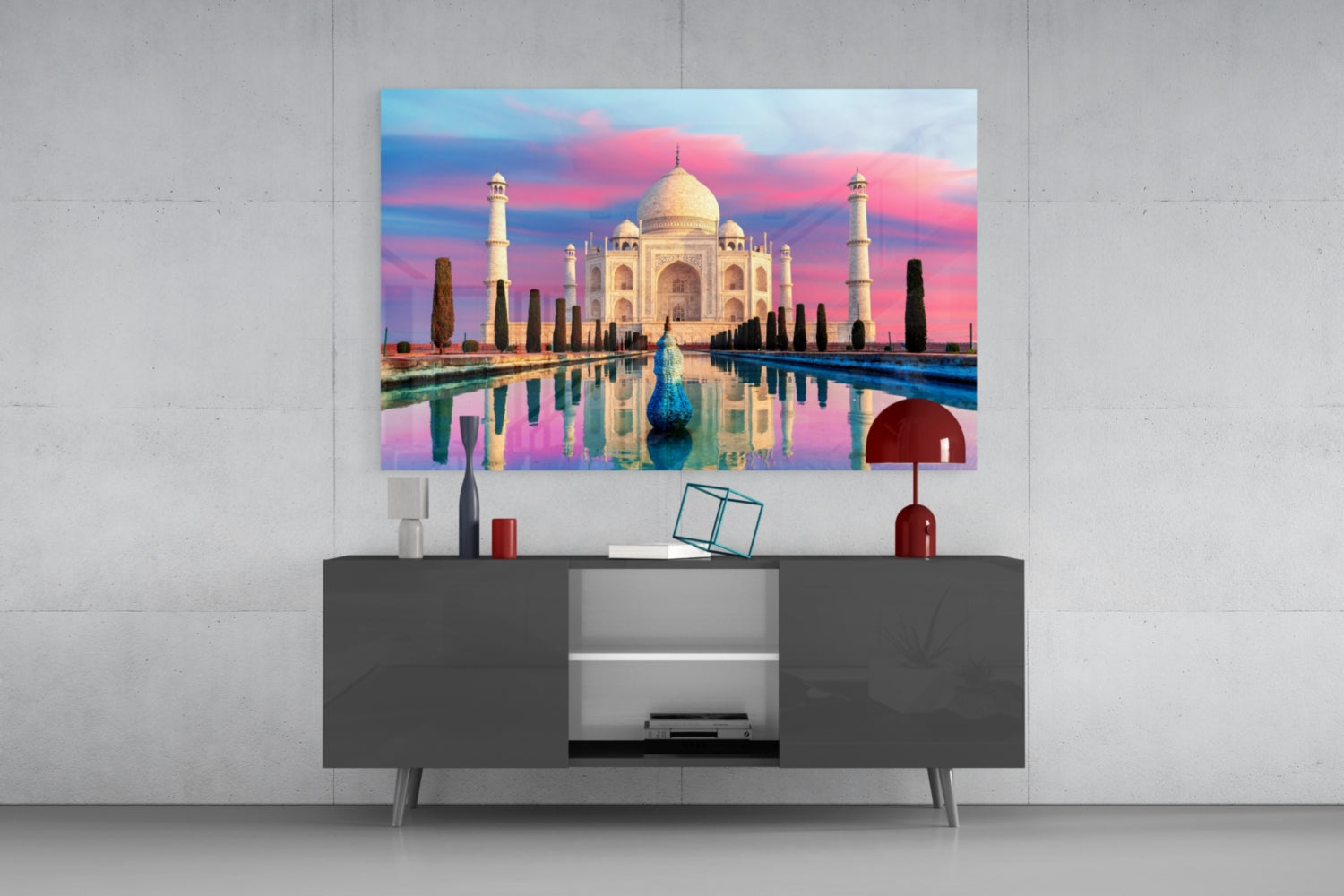 Pastel Pink And Blue Sky Taj Mahal Glass Wall Art