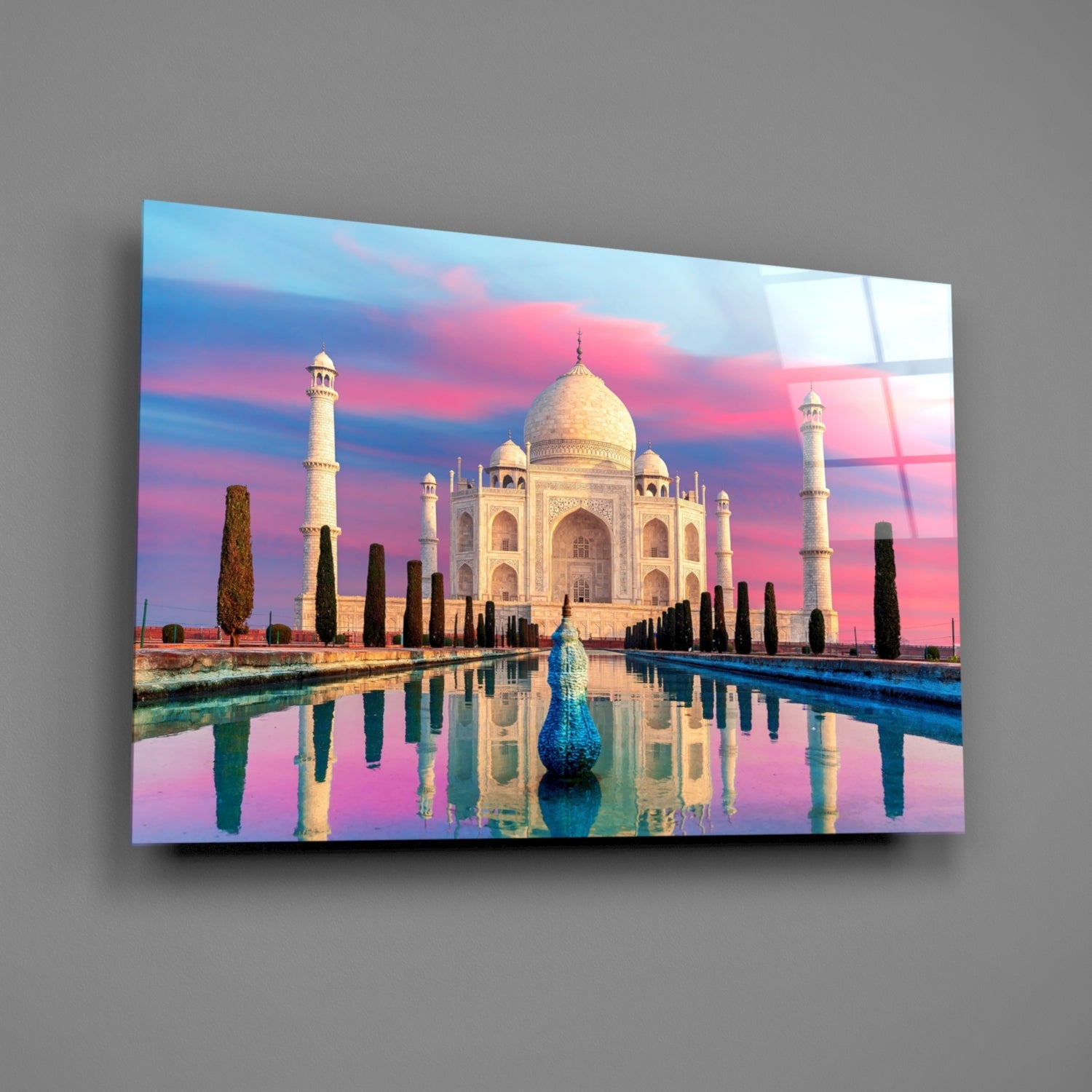 Pastel Pink And Blue Sky Taj Mahal Glass Wall Art