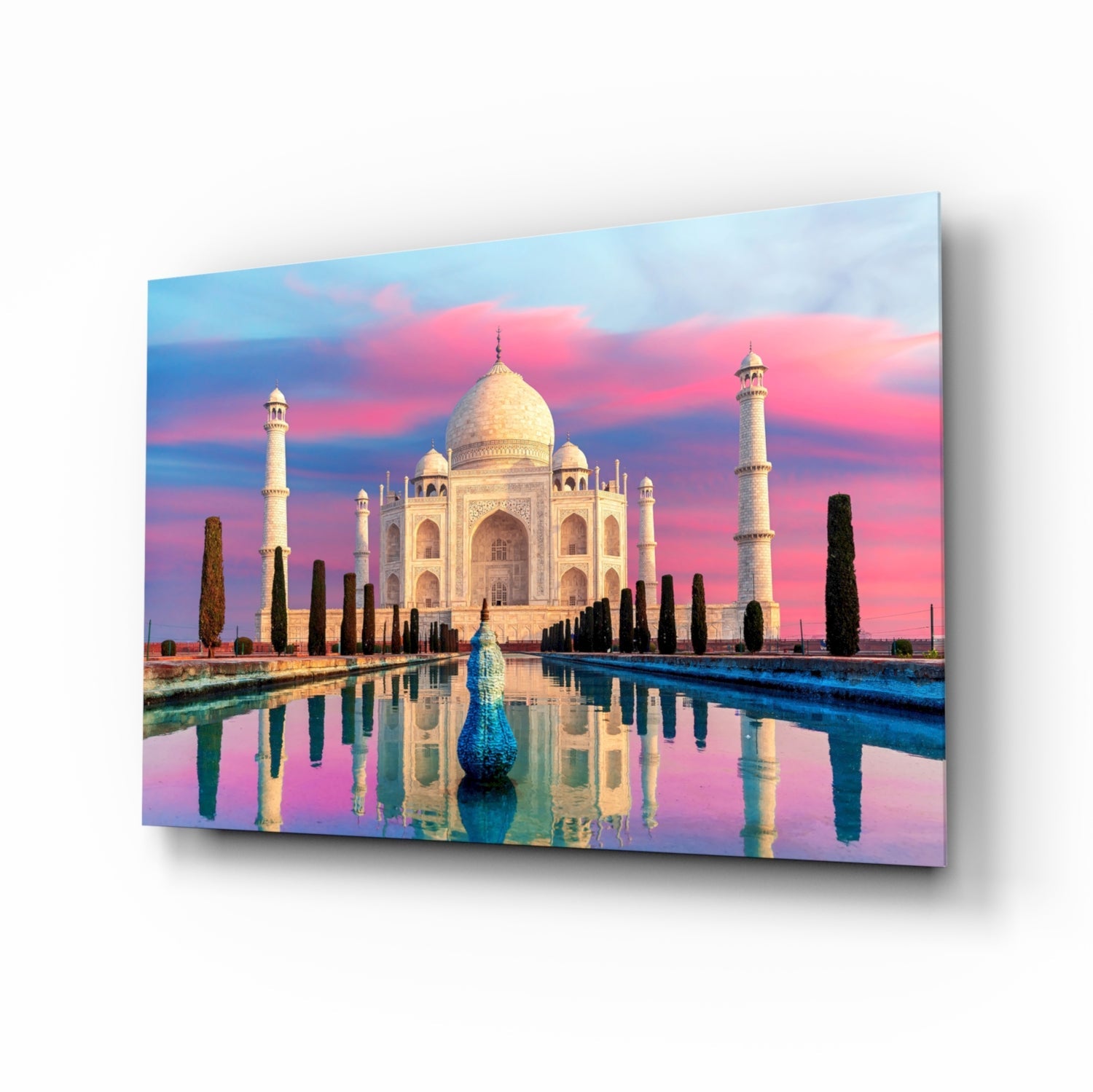 Pastel Pink And Blue Sky Taj Mahal Glass Wall Art