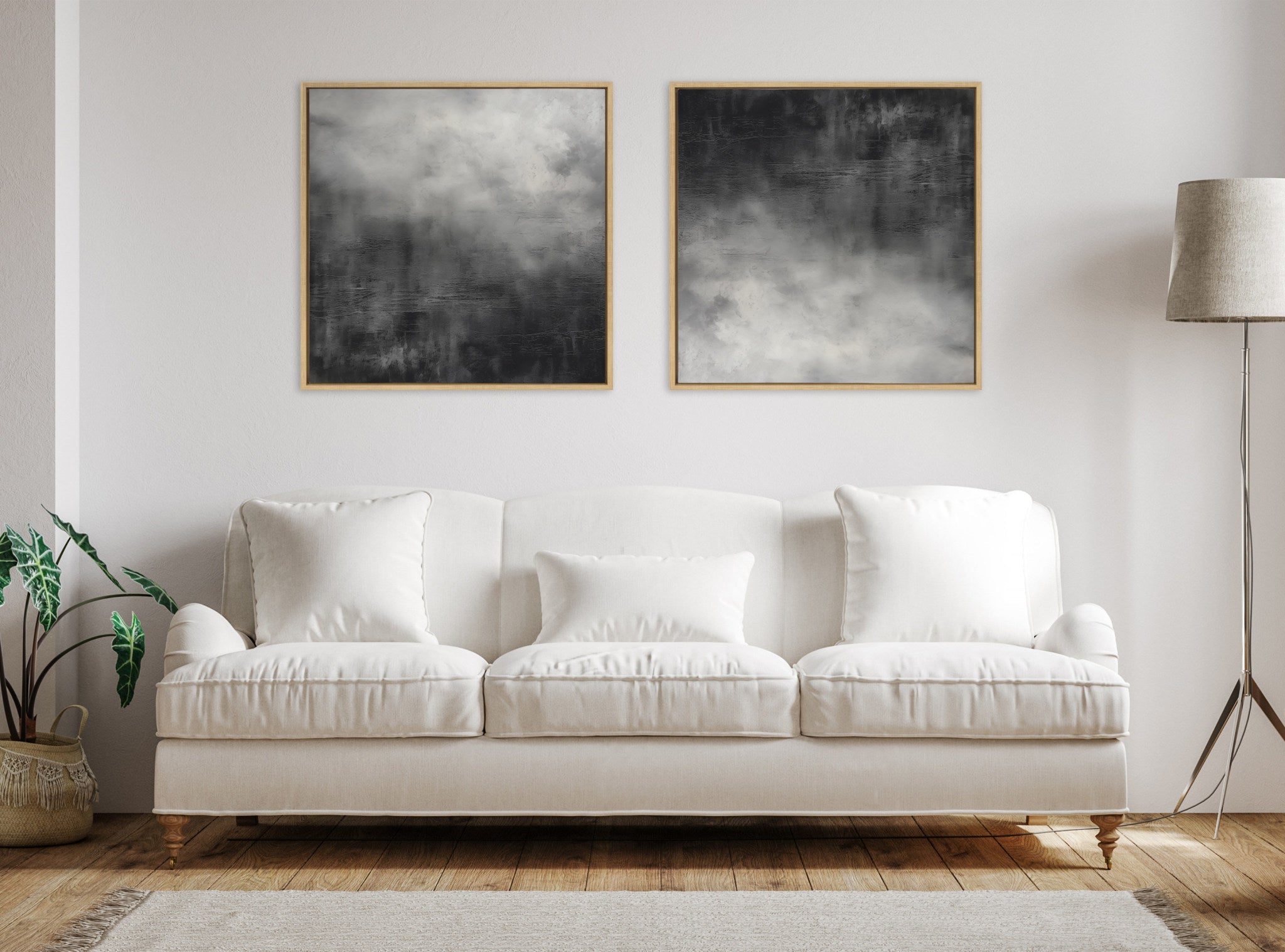 Sylvie Tonal Abstract Black Gray Framed Canvas by The Creative Bunch Studio