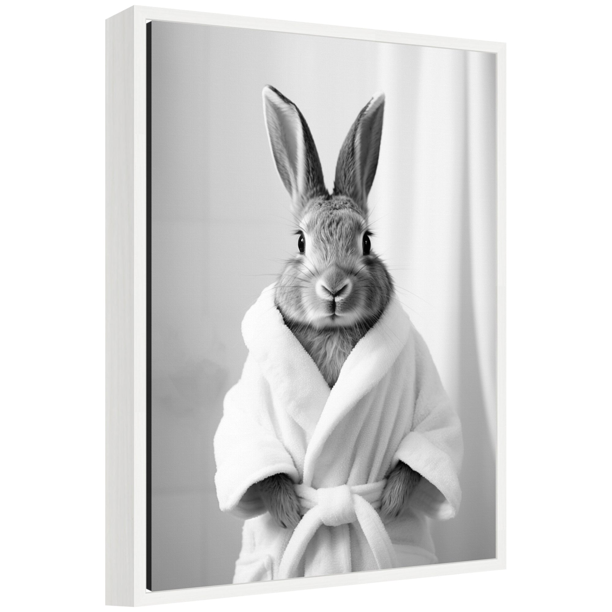 Sylvie Bunny Bathroom Art Towel Robe Black and White Framed Canvas by The Creative Bunch Studio