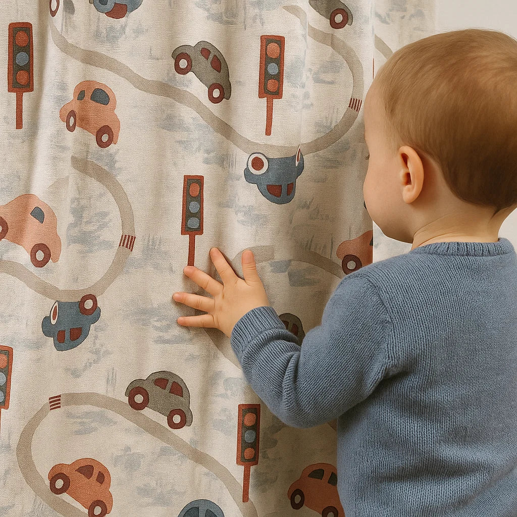 Pure Linen Kids Curtain with Playful Road & Car Print – Light Filtering or Blackout Liner | Standard Sizes & Made to Measure-4
