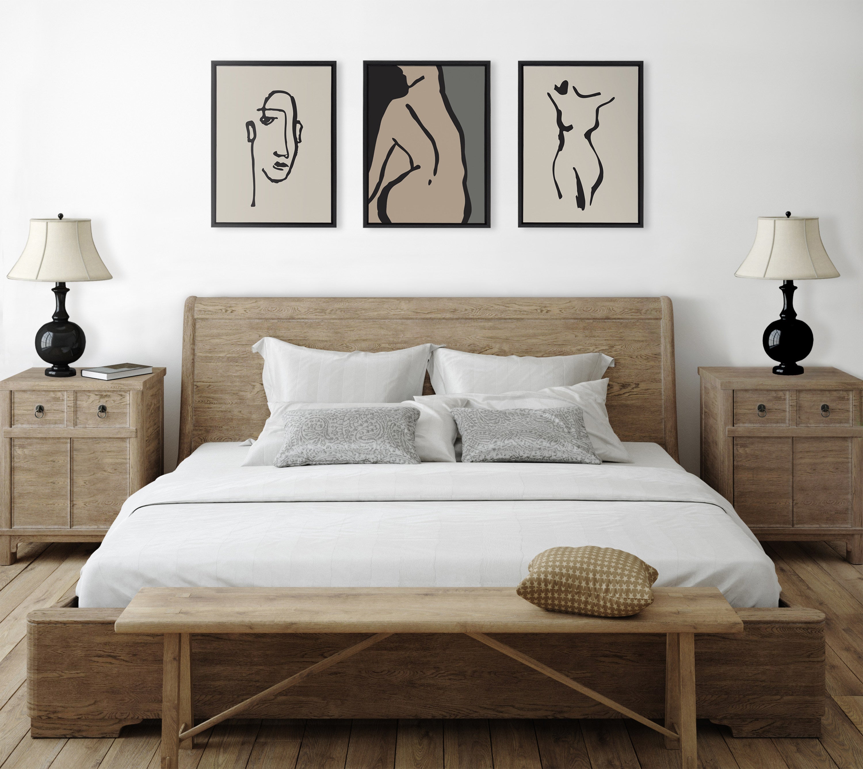 Sylvie Minimalist Neutral Line Art Drawing Face and Body Framed Canvas Art Set by The Creative Bunch Studio