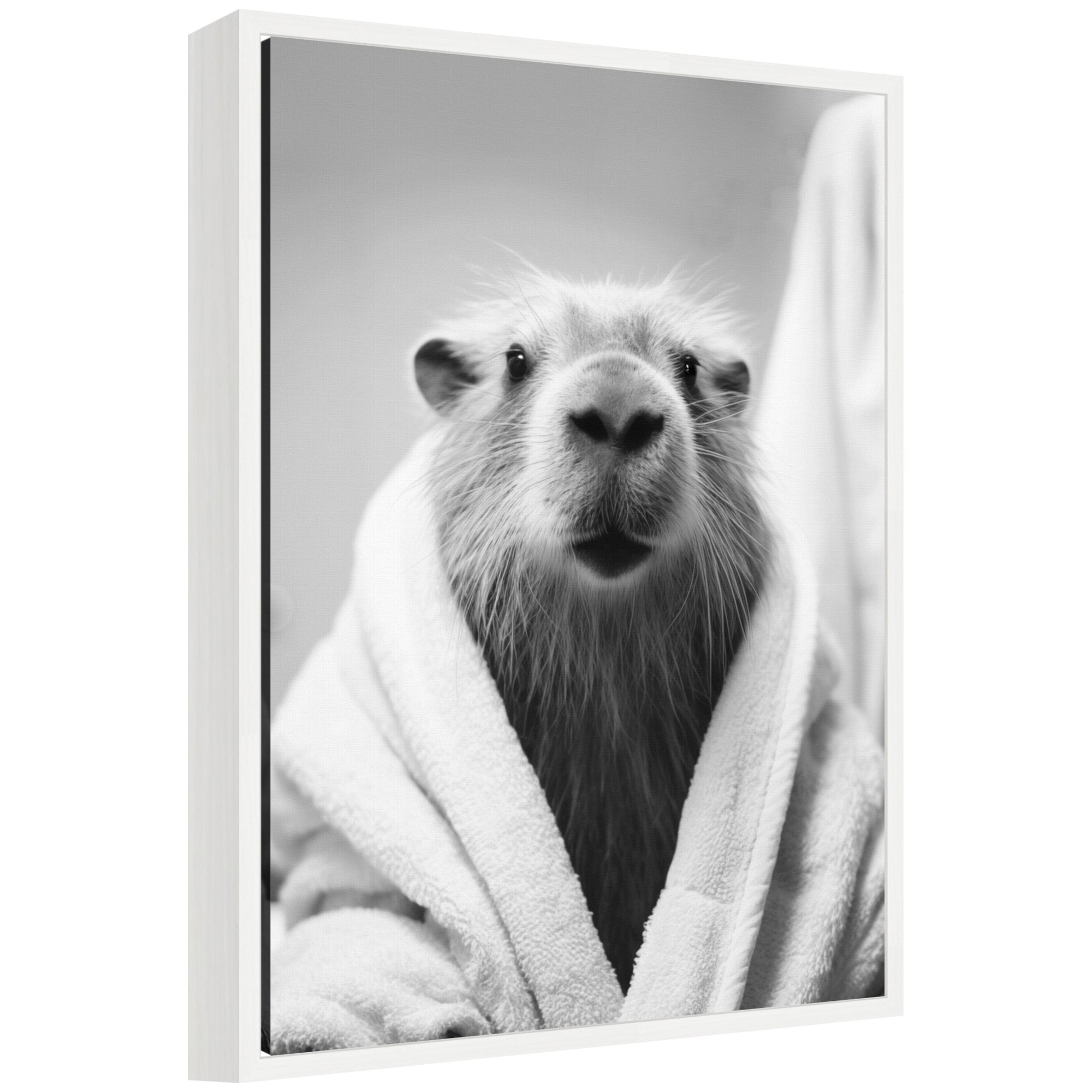 Sylvie Capybara Bathroom Art Towel Robe Black and White Framed Canvas by The Creative Bunch Studio