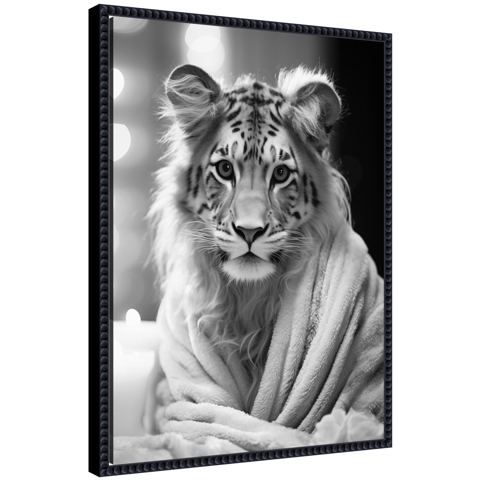 Sylvie Tiger Glam Bathroom Towel Robe Black and White Framed Canvas by The Creative Bunch Studio