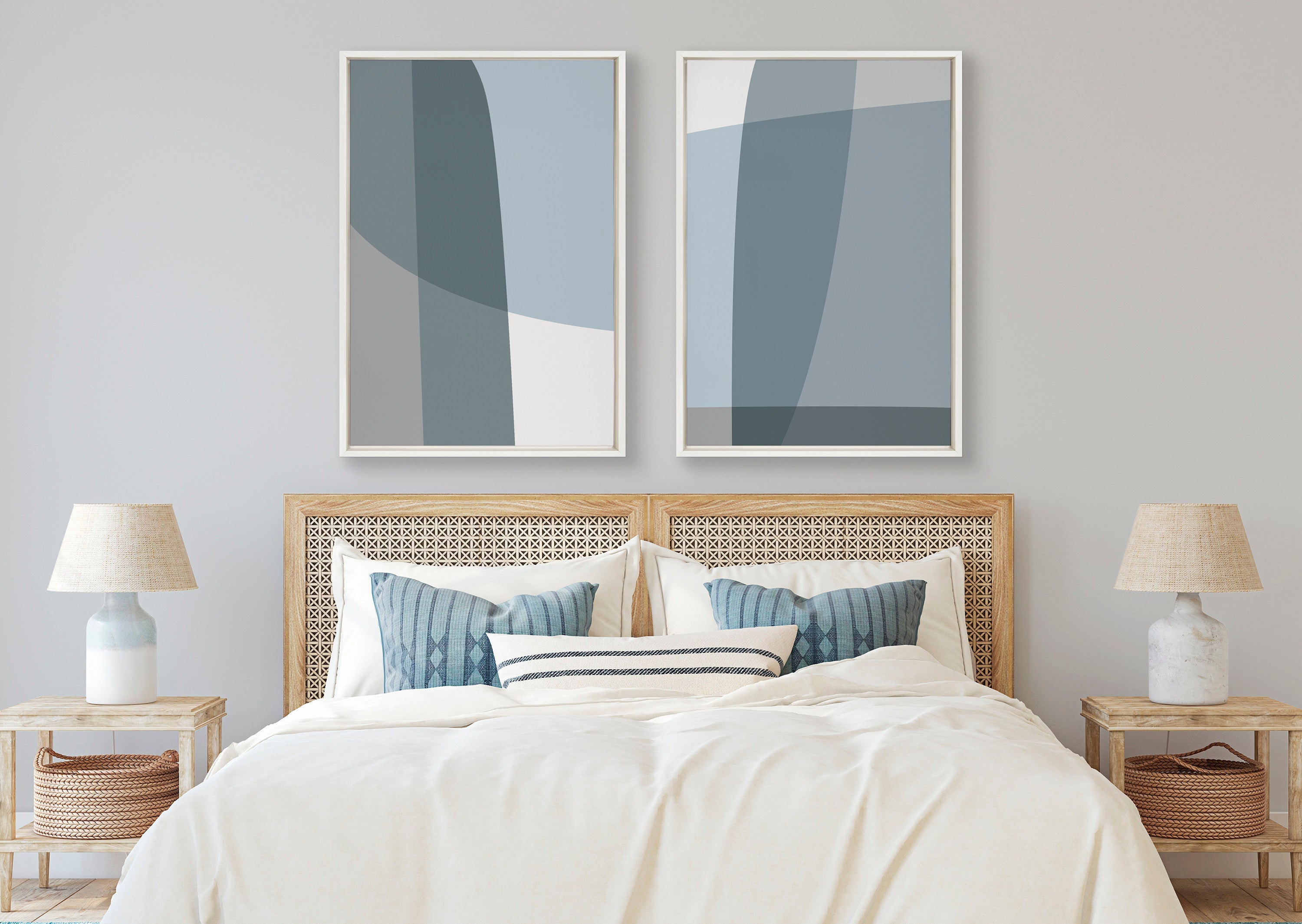 Sylvie Zen Abstract Blue and Gray Stones No 1 and No 2 Framed Canvas by The Creative Bunch Studio
