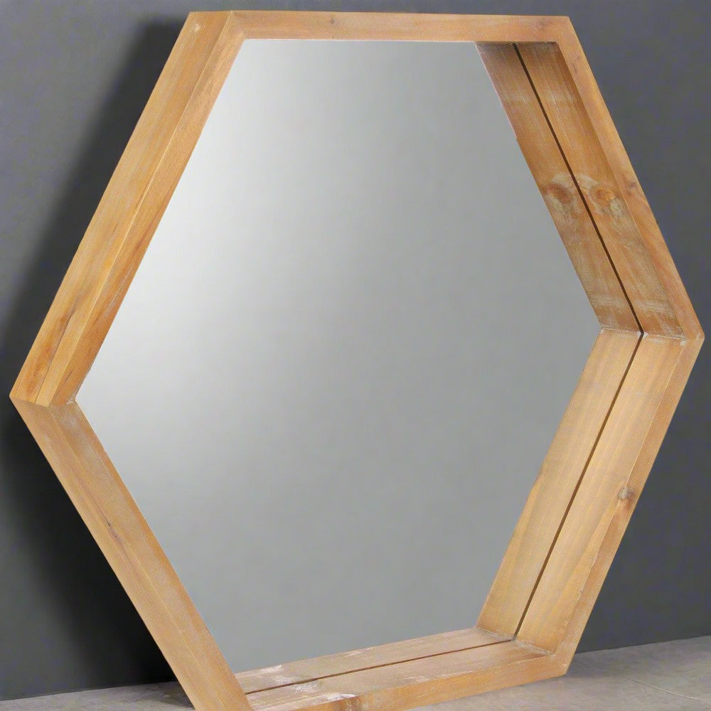 Modern Natural Wood Finish Hexagonal Wall Mirror-2