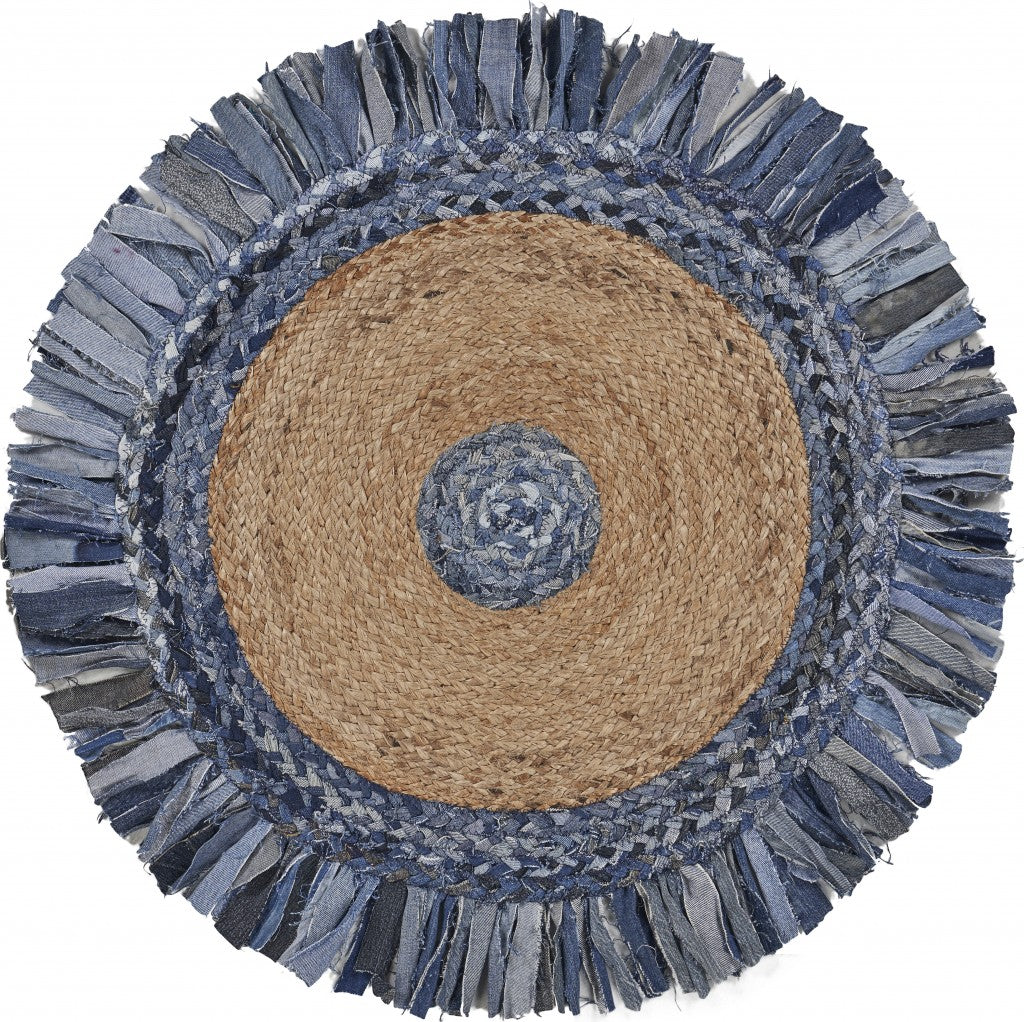 Denim and Natural Jute Fringed Round Rug-0