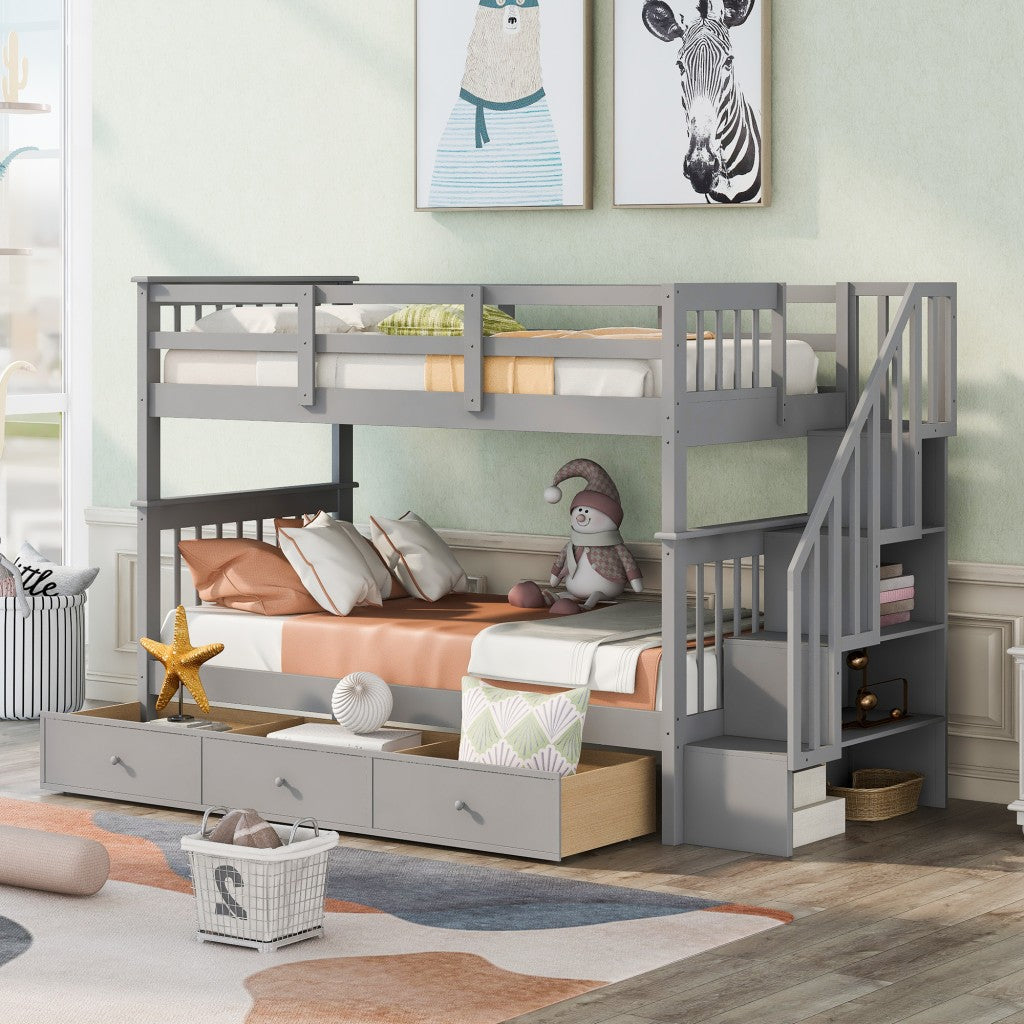 Gray Twin Over Twin Bunk Bed with Stairway and Drawers-0