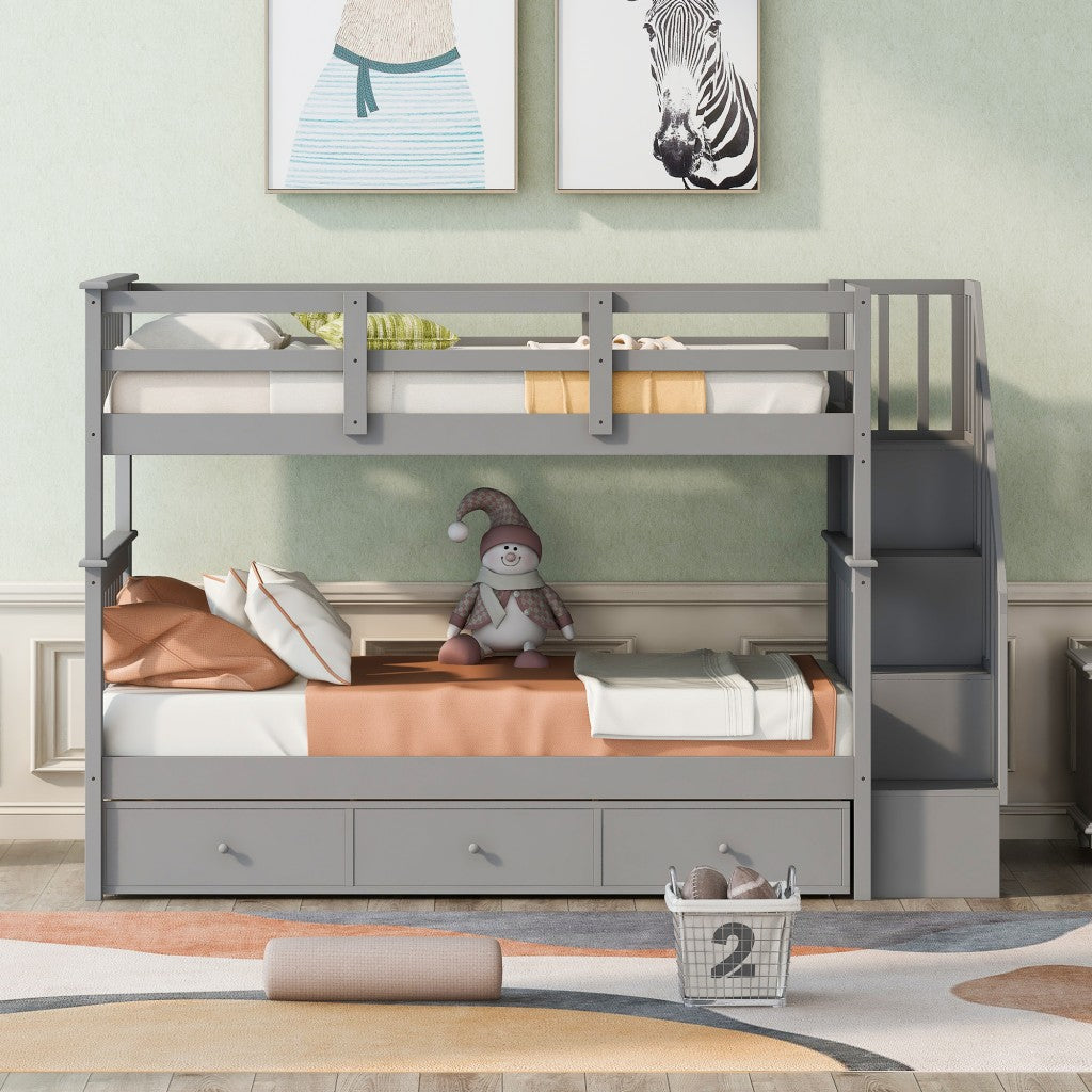 Gray Twin Over Twin Bunk Bed with Stairway and Drawers-1