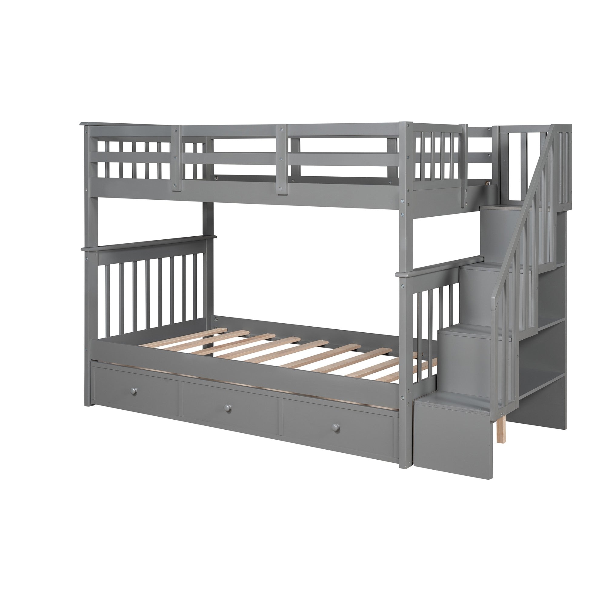 Gray Twin Over Twin Bunk Bed with Stairway and Drawers-2