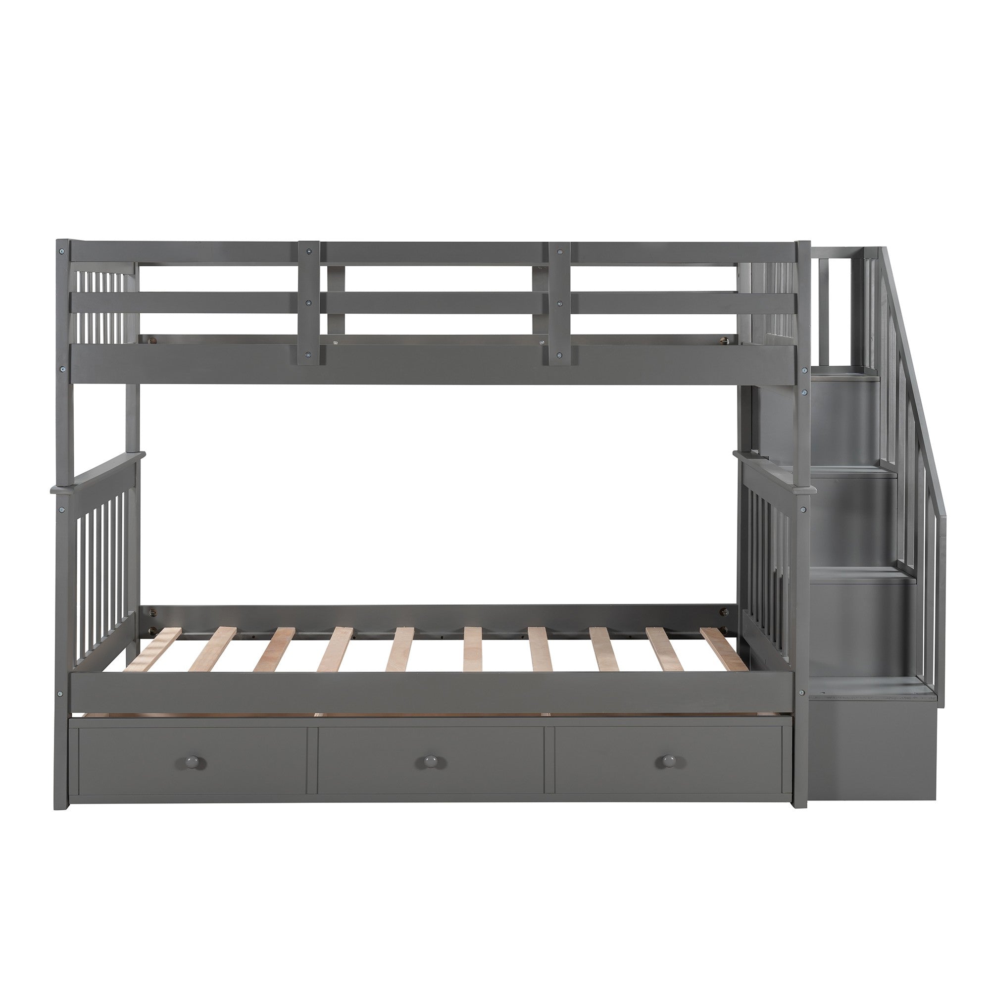 Gray Twin Over Twin Bunk Bed with Stairway and Drawers-3