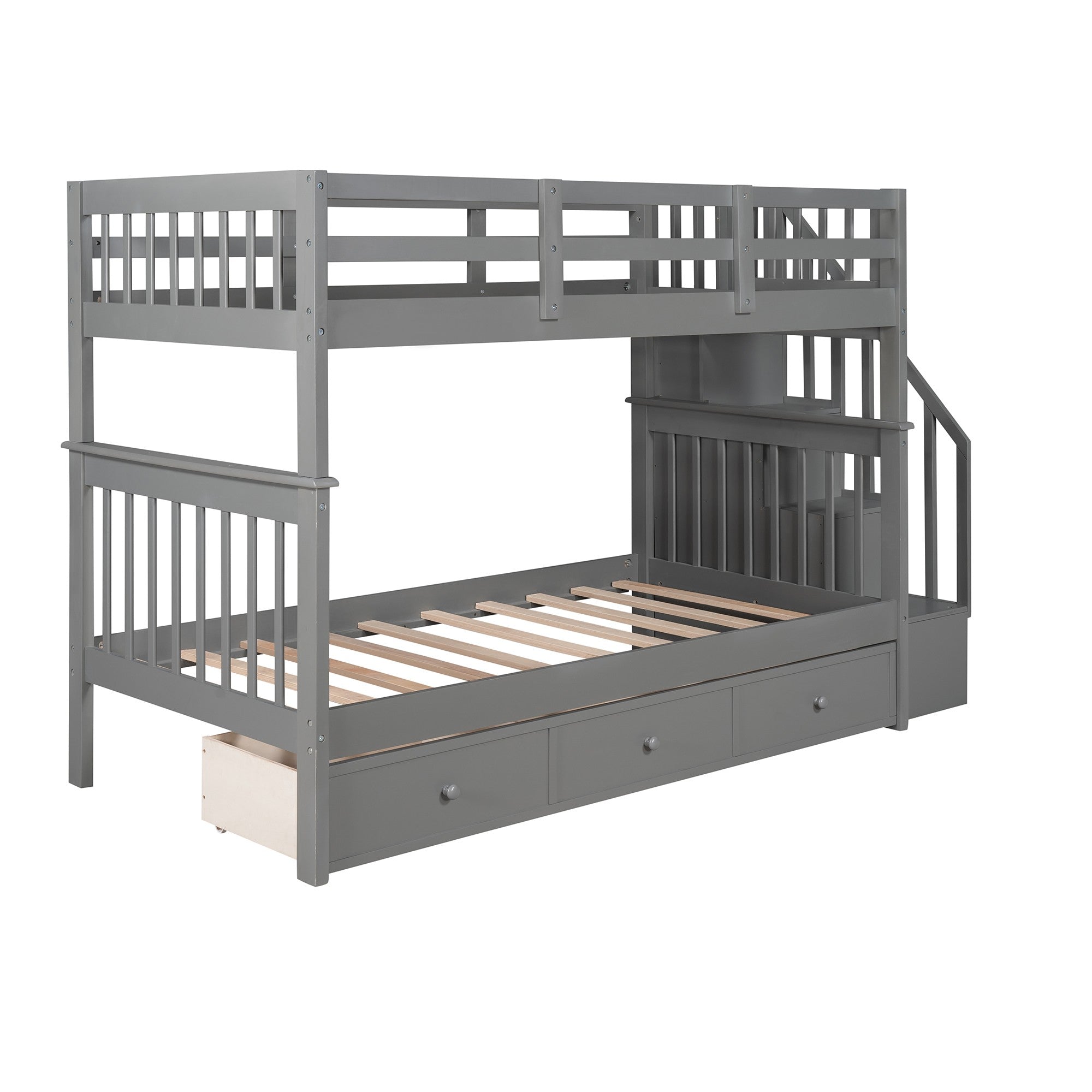 Gray Twin Over Twin Bunk Bed with Stairway and Drawers-4