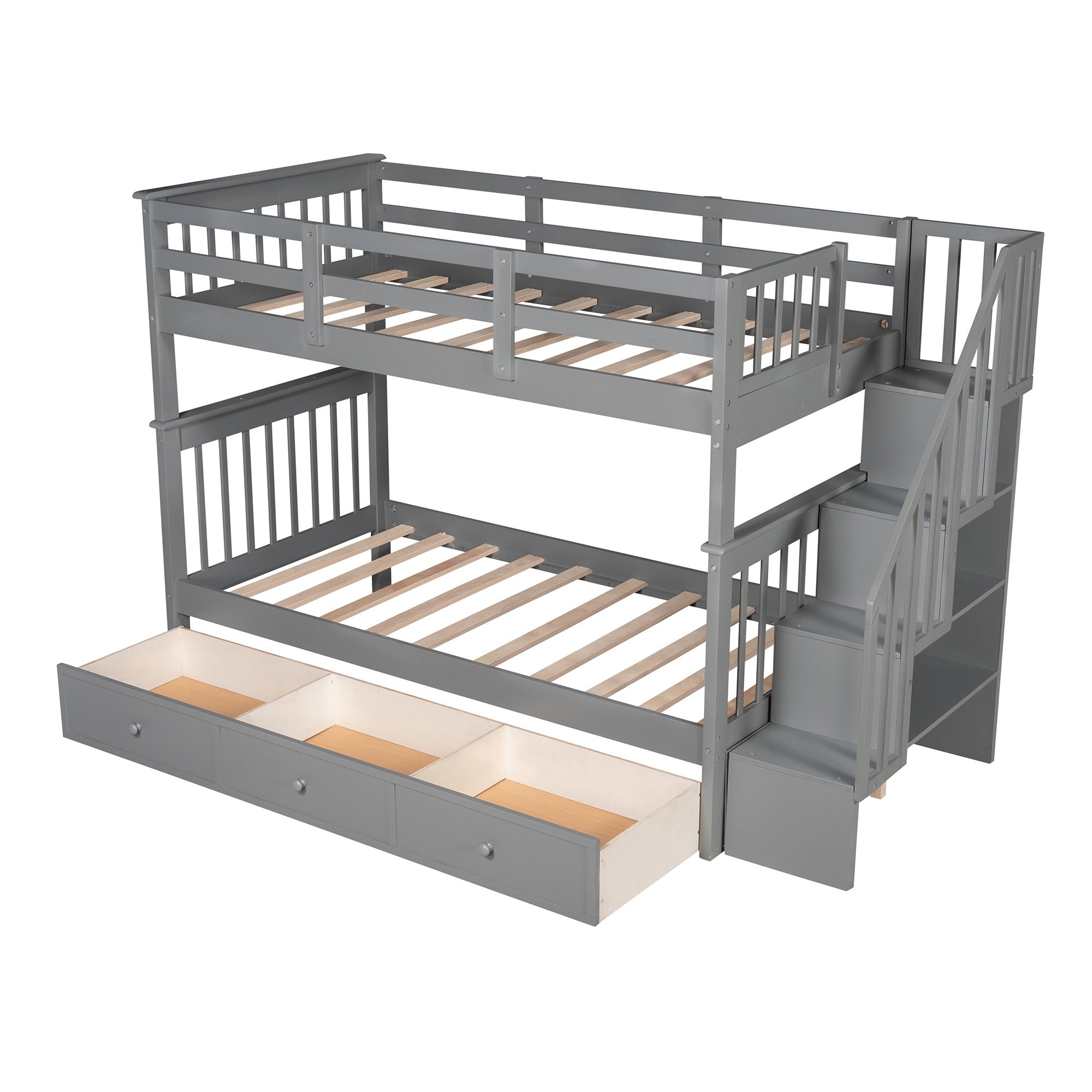 Gray Twin Over Twin Bunk Bed with Stairway and Drawers-5