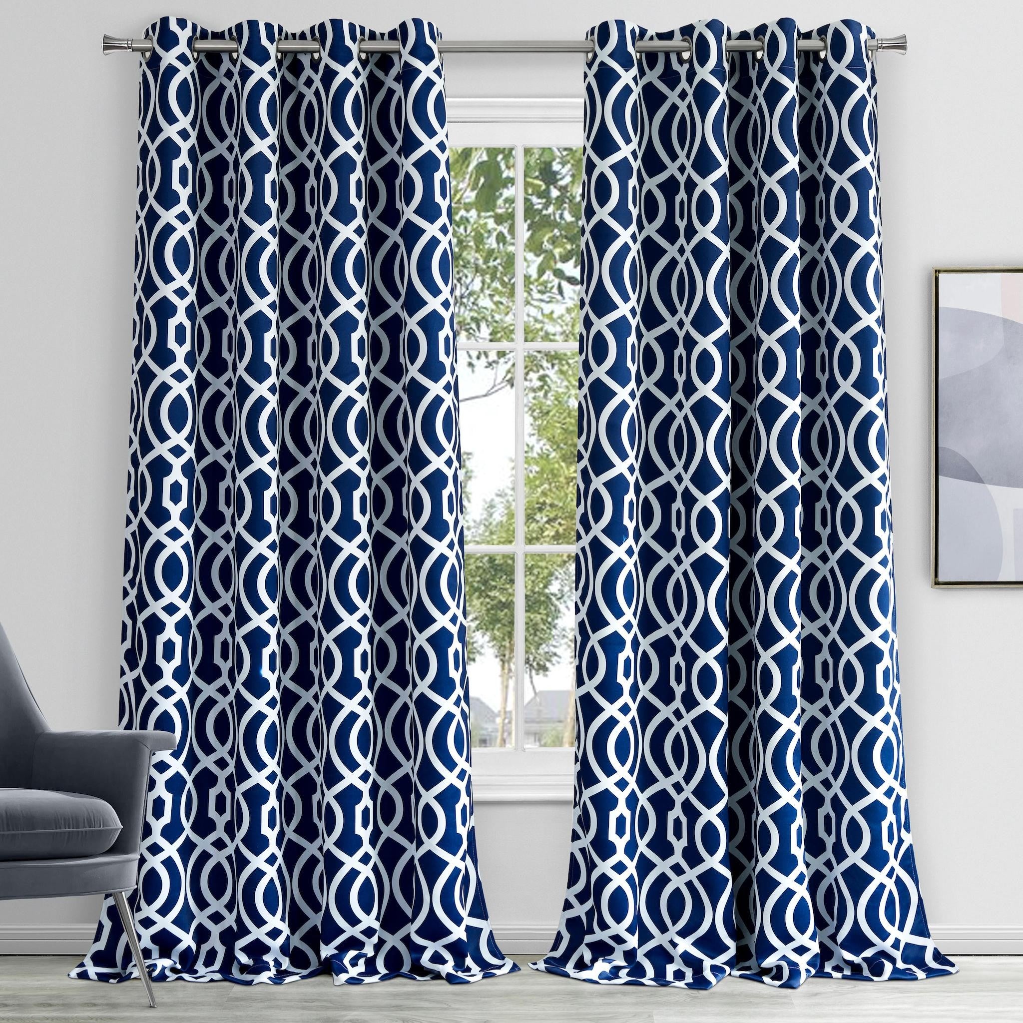 84" Navy Blue Trellis Black Out Window Curtain Panel-0