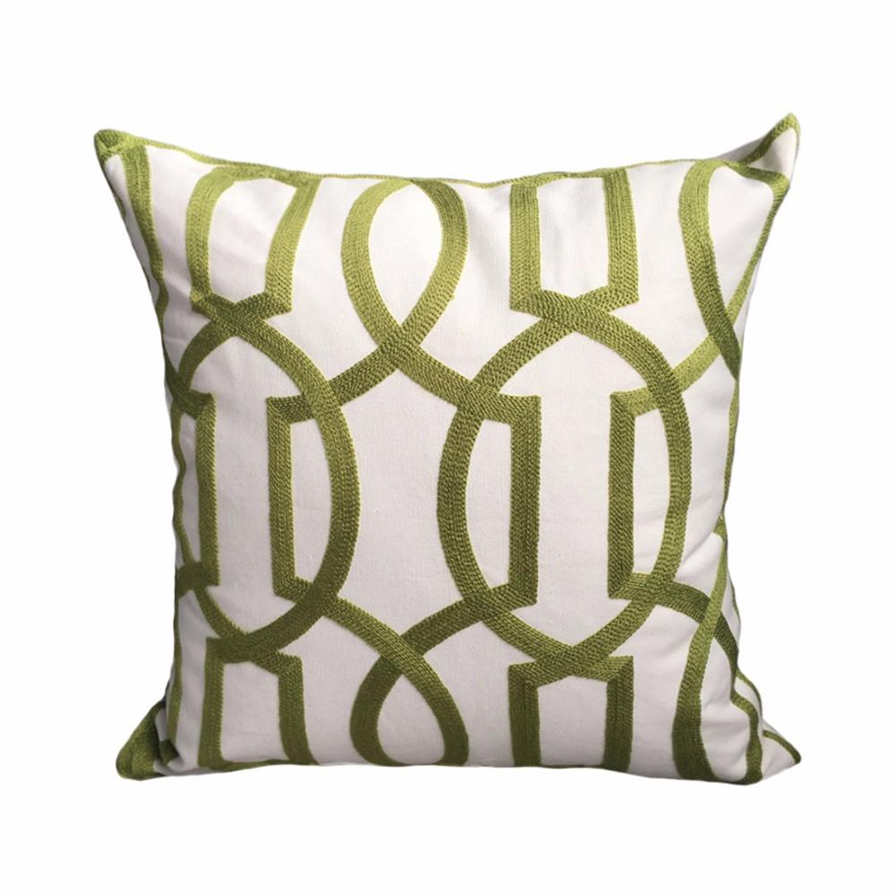 Modern Geometric Cord Embroidery Gray & Green Cotton Cushion Cover 45 X 45 Cm